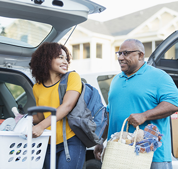 Student and Parent holding items.